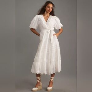 Love The Label White Lace Short-Sleeve Ruffled Tiered Wrap Maxi Dress